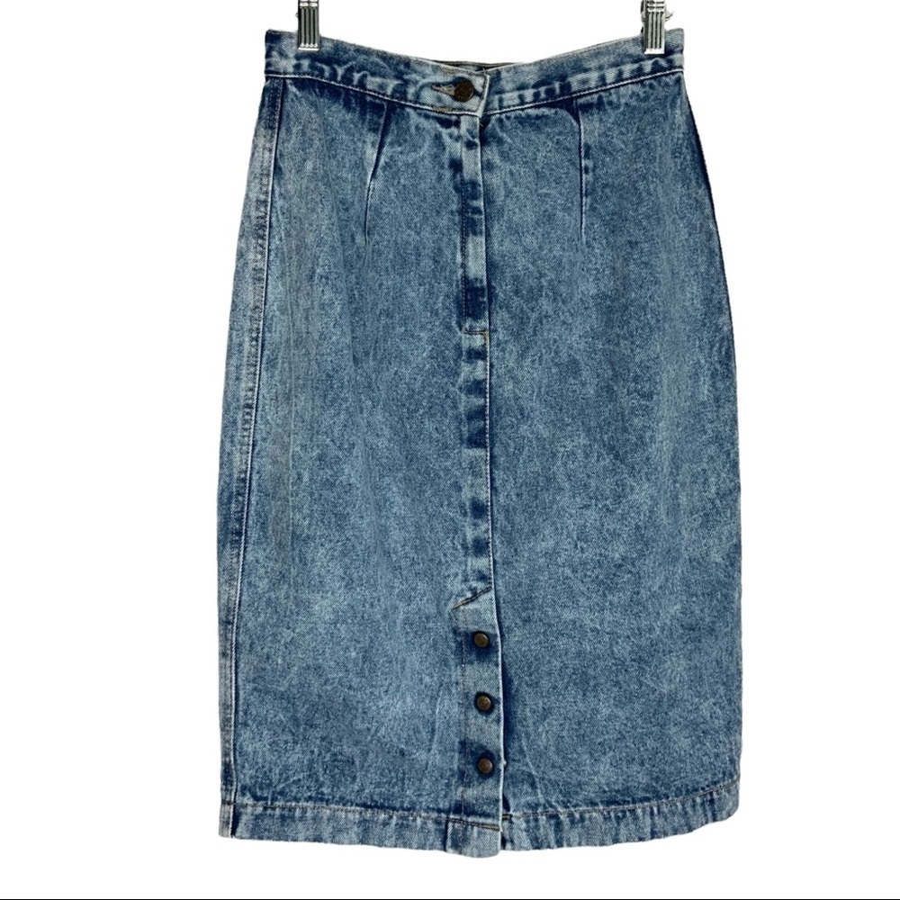 Vintage Zena Acid Wash Denim Pencil Skirt Size 11 Blue Denim Snap Butt Split USA